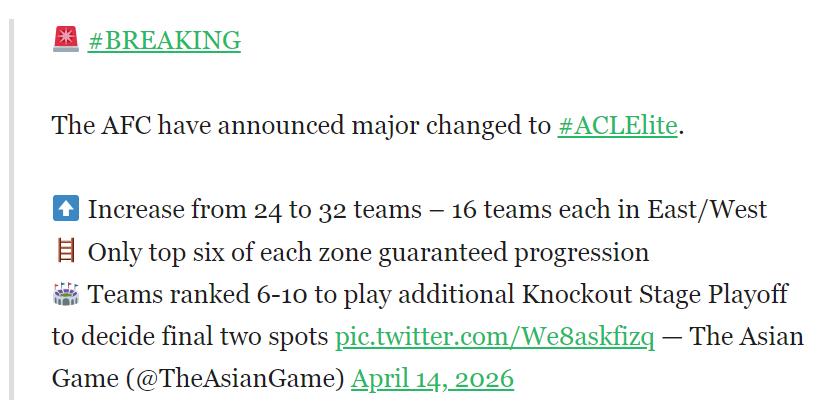 2026亞冠聯賽中國俱樂部_亞冠精英聯賽改革新機制_亞足聯亞冠精英聯賽擴軍至32隊